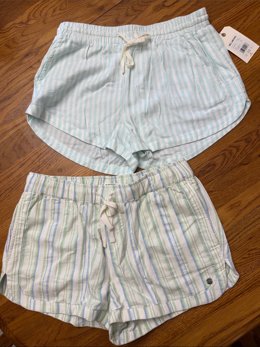 Roxy and Billabong Women’s Light Blue & Mint Striped Shorts (Set of 2)